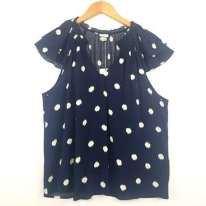 NWT Navy White Polka Dot Flutter Sleeve Blouse L
